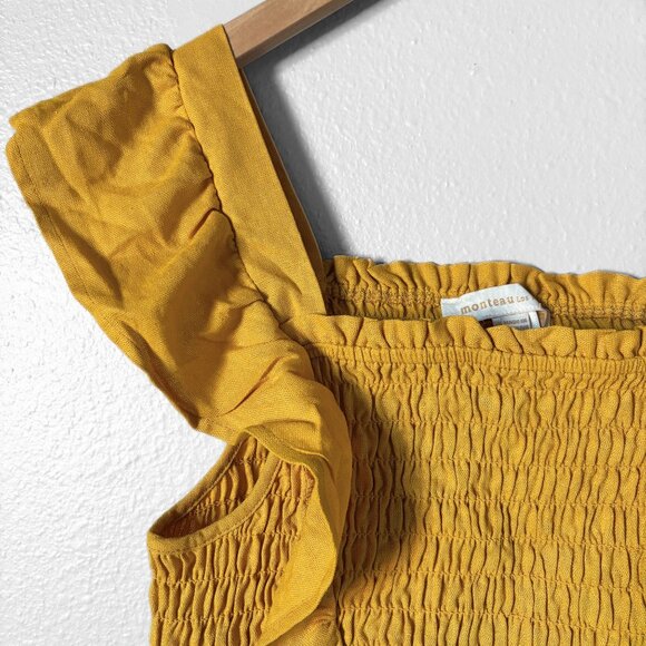 Monteau Linen Ruffled Smocked Yellow Crop Top Womens Small Boho Cottagecore Y2K - Picture 2 of 11